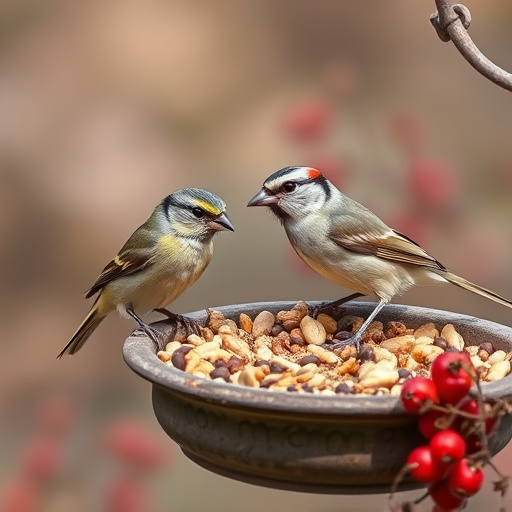 Small birds enjoying seed and berries
