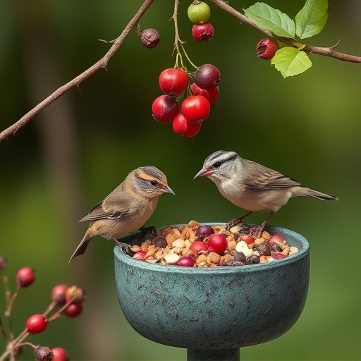 Small birds enjoying seed and berries