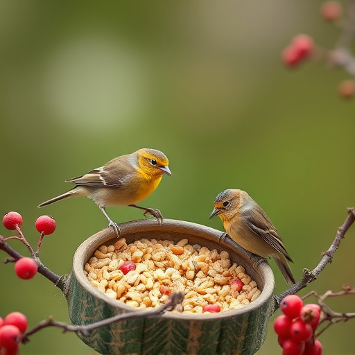 Small birds enjoying seed and berries