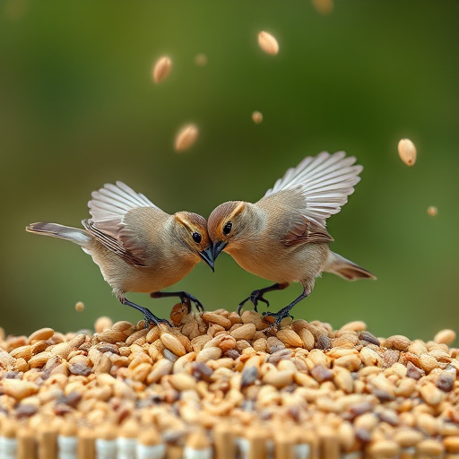 Small birds feeding from scattered seeds