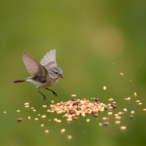 Small birds feeding from scattered seeds