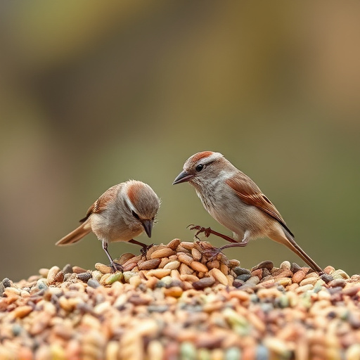 Small birds feeding from scattered seeds