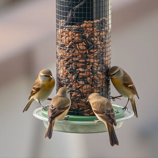 Small birds feeding from specialized feeder