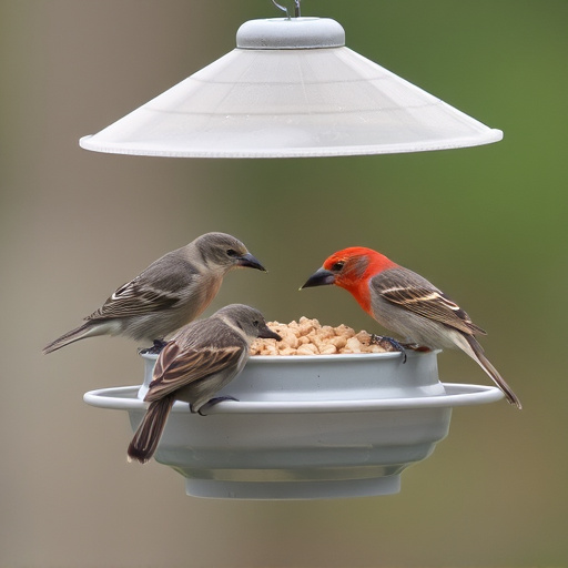 Small birds feeding from specialized feeder