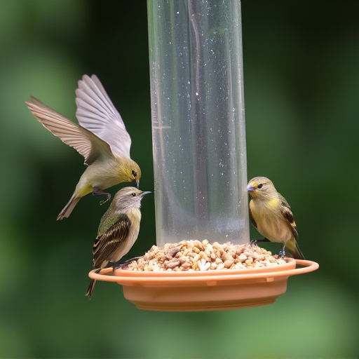 Small birds feeding from specialized feeder