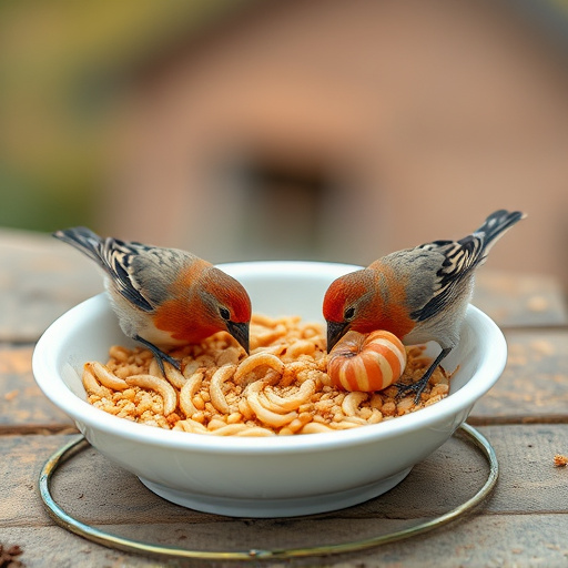 Small birds feeding on mealworms dish
