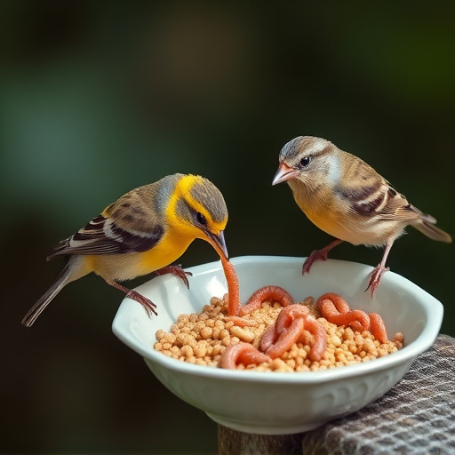 Small birds feeding on mealworms dish
