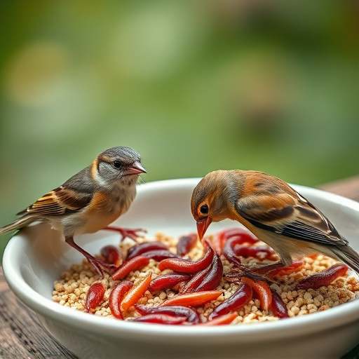 Small birds feeding on mealworms dish