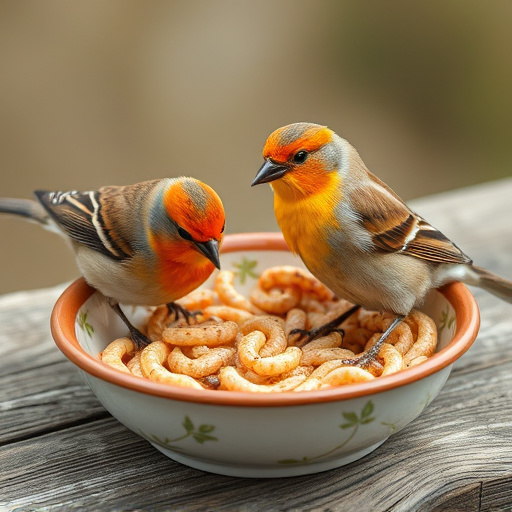 Small birds feeding on mealworms dish