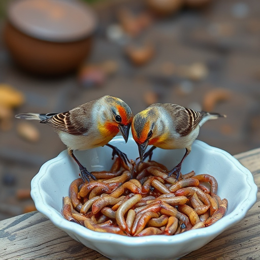 Small birds feeding on mealworms dish