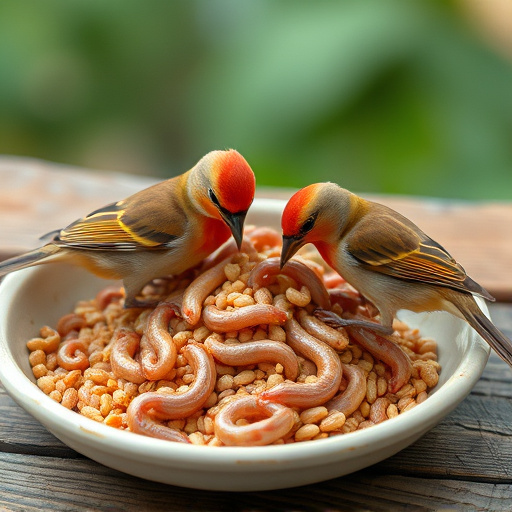 Small birds feeding on mealworms dish