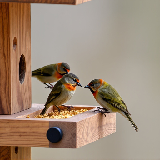 Small birds feeding on wooden station