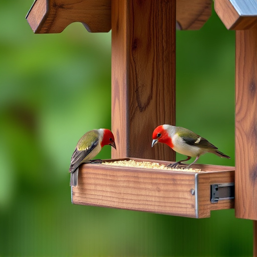 Small birds feeding on wooden station