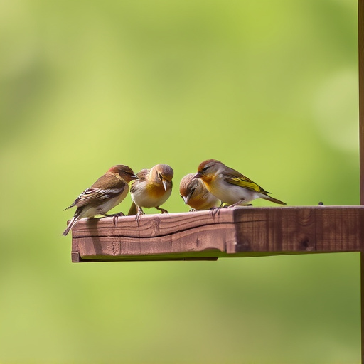 Small birds feeding on wooden station