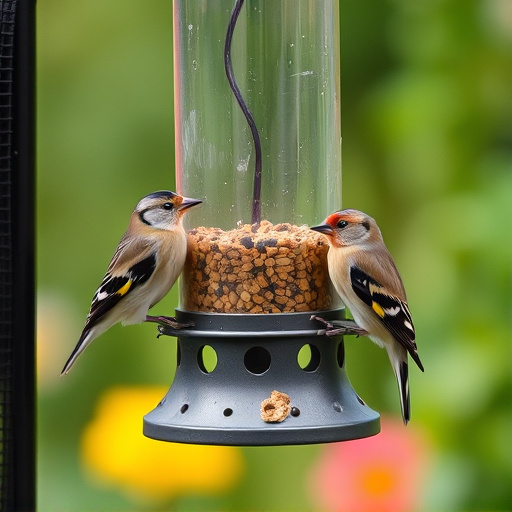 Small finches eating from garden feeder