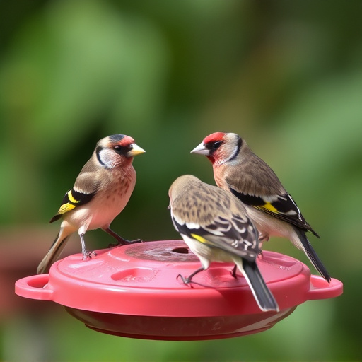 Small finches eating from garden feeder