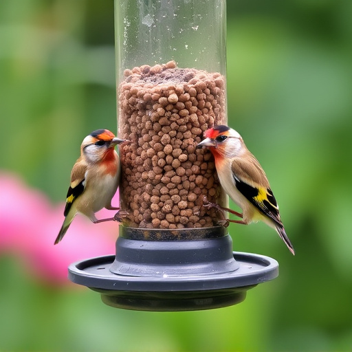 Small finches eating from garden feeder