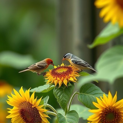 Small garden birds eating sunflower hearts