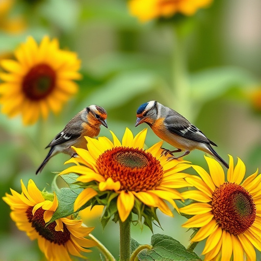 Small garden birds eating sunflower hearts