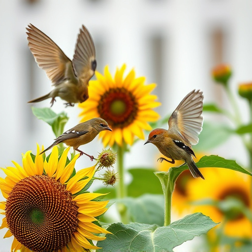 Small garden birds eating sunflower hearts