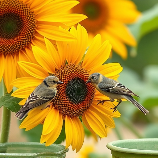 Small garden birds eating sunflower hearts