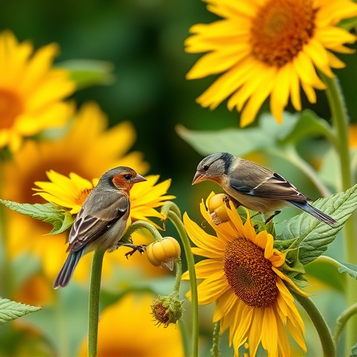 Small garden birds eating sunflower hearts
