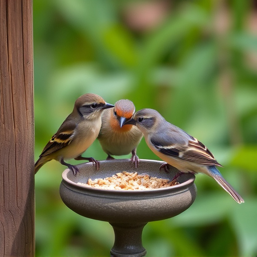 Small garden birds feeding together