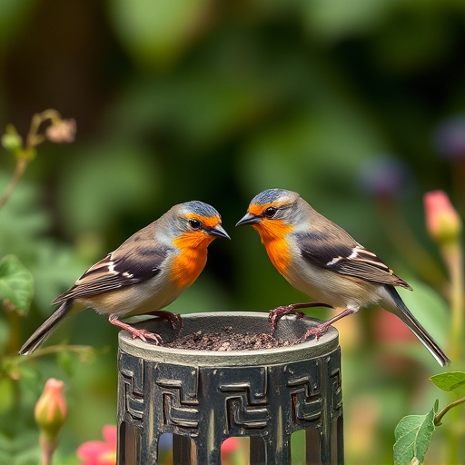 Small garden birds feeding together