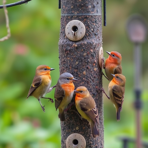 Small garden birds gathered around suet