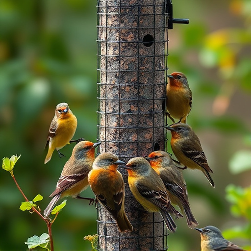 Small garden birds gathered around suet