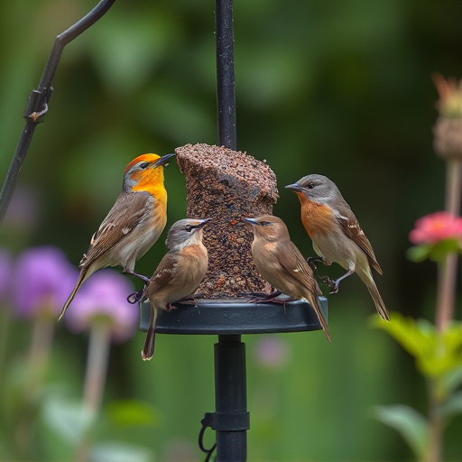 Small garden birds gathered around suet