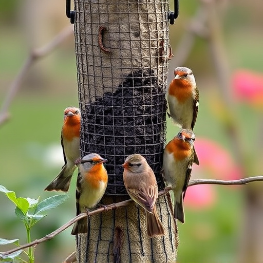 Small garden birds gathered around suet