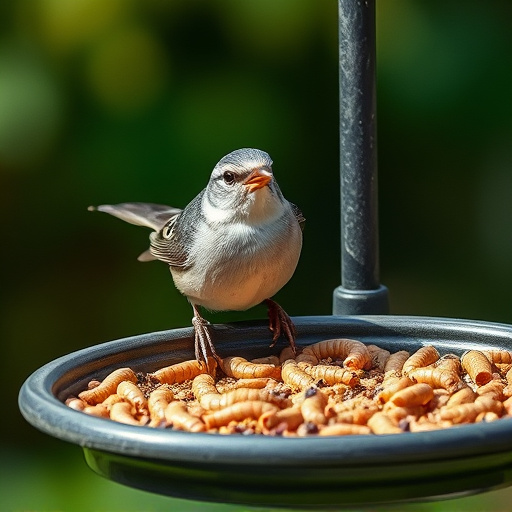 Small songbird feeding on mealworm tray