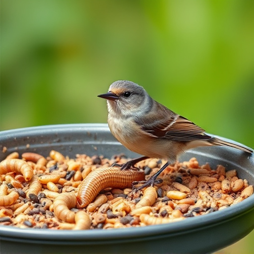 Small songbird feeding on mealworm tray