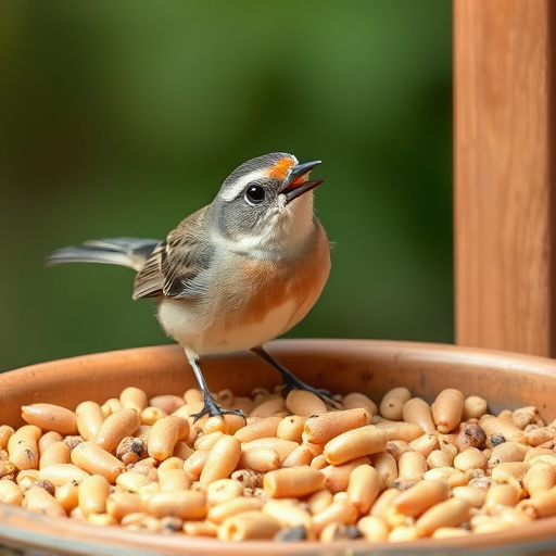 Small songbird feeding on mealworm tray