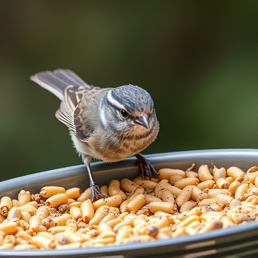 Small songbird feeding on mealworm tray