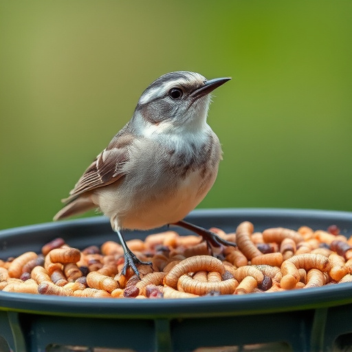 Small songbird feeding on mealworm tray