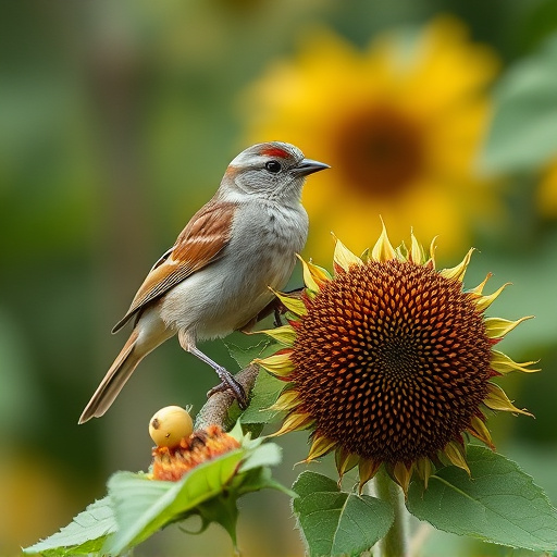 Sparrow enjoying sunflower hearts in garden