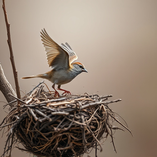 Sparrow leaving an abandoned nest