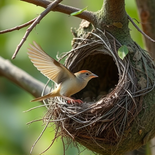 Sparrow leaving an abandoned nest