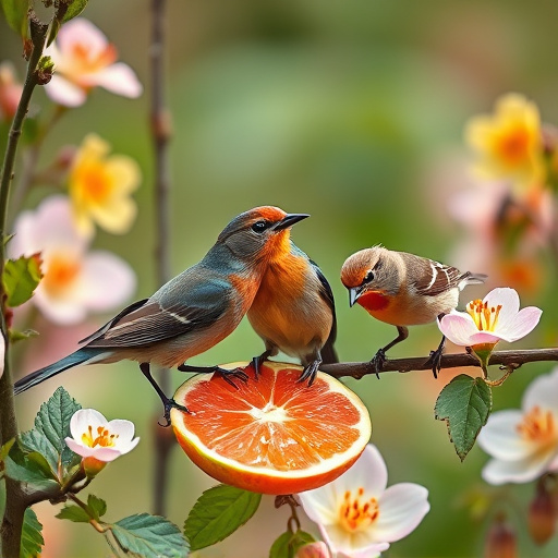 Spring garden birds eating fruit slices