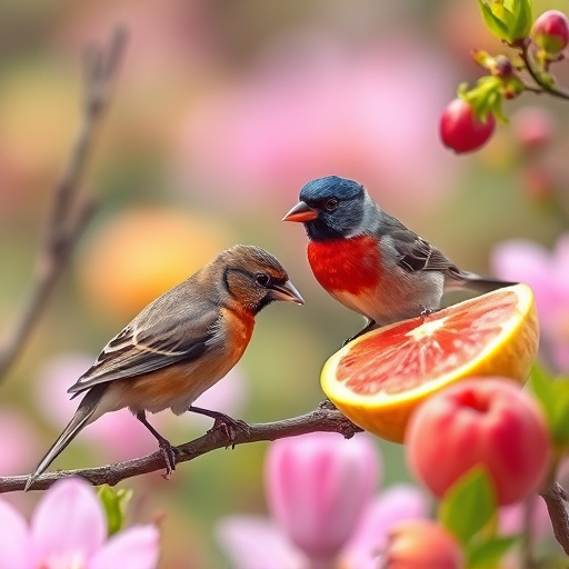 Spring garden birds eating fruit slices