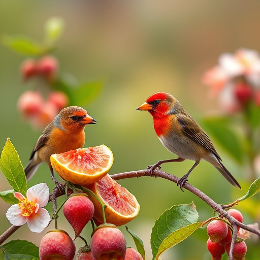 Spring garden birds eating fruit slices