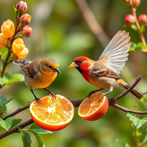 Spring garden birds eating fruit slices