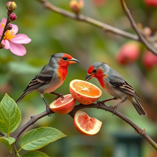 Spring garden birds eating fruit slices