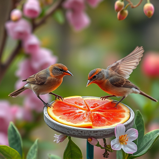 Spring garden birds eating fruit slices