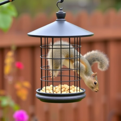 Squirrel-proof peanut feeder hanging in garden