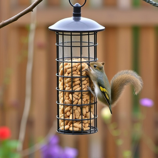 Squirrel-proof peanut feeder hanging in garden