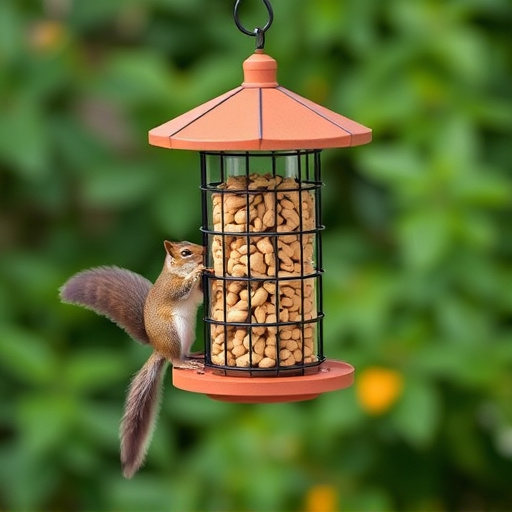 Squirrel-proof peanut feeder hanging in garden
