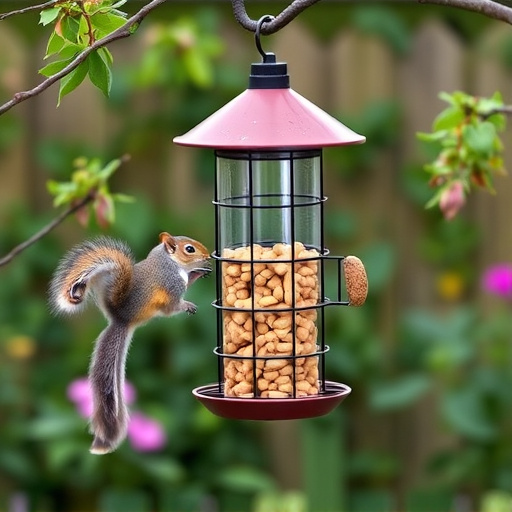 Squirrel-proof peanut feeder hanging in garden
